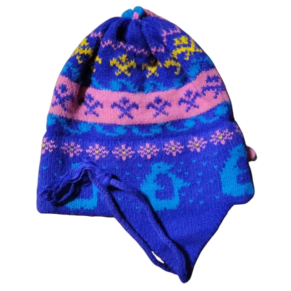 Vtg Woman's Heavy Knit Winter Ski Hat Cap Ear Flaps Cord Tassels Pink Purple - Picture 6 of 8